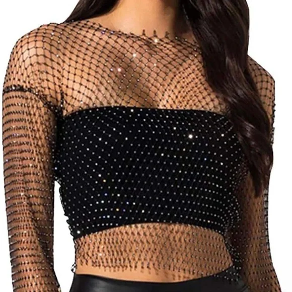 Mesh Crystal Long Sleeve See Through Top - Picture 1 of 7